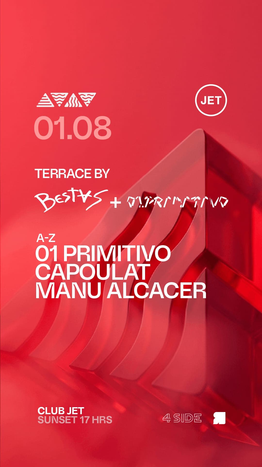 Flyer rojo de Club Jet, 01.08, sunset desde las 17 hs. Terrace by BESTAS + 01 Primitivo, de la A a la Z: 01 Primitivo, Capoulat y Manu Alcacer.