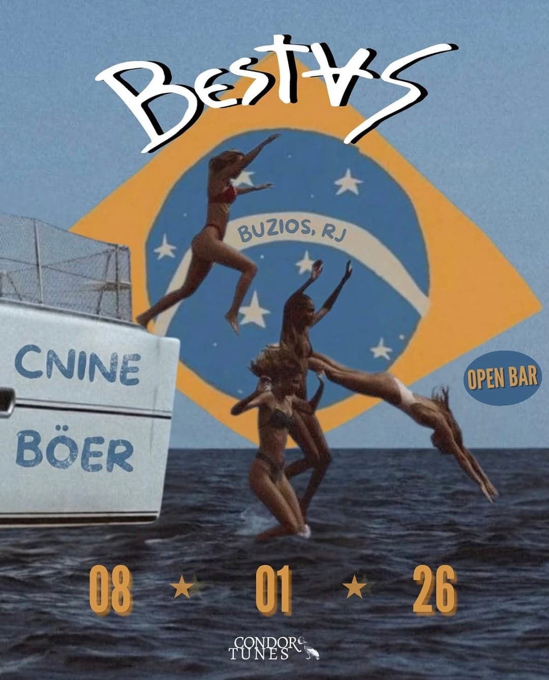 Flyer de BESTAS en Búzios, RJ, 08.01.26: chicas tirándose de un catamarán delante de la bandera de Brasil. CNINE y Böer, open bar.