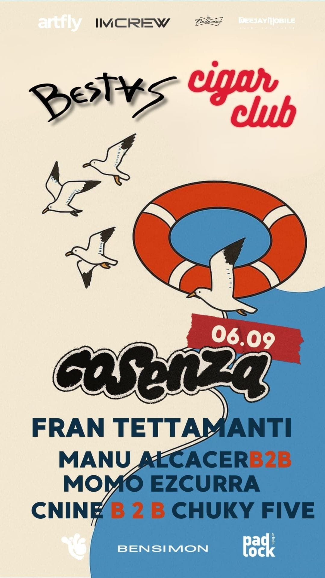 Flyer de BESTAS y Cigar Club, 06.09, con gaviotas y un salvavidas: Cosenza, Fran Tettamanti, Manu Alcacer b2b Momo Ezcurra y CNINE b2b Chuky Five.