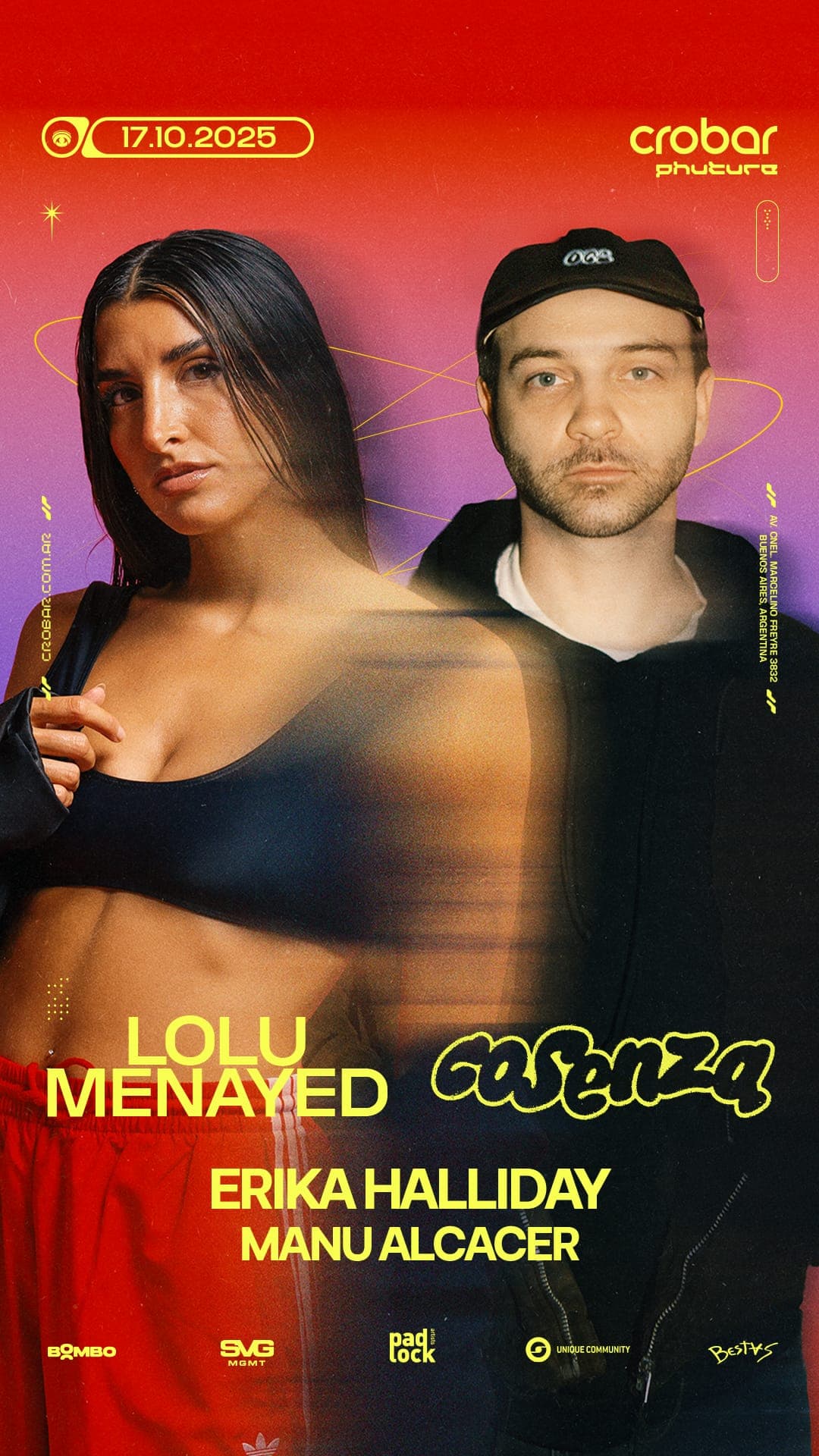 Flyer de Crobar Phuture del 17.10.2025: Lolu Menayed, Cosenza, Erika Halliday y Manu Alcacer.