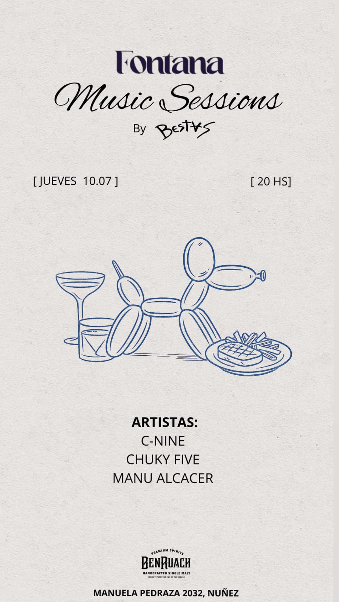 Flyer de Fontana Music Sessions by BESTAS, jueves 10.07 a las 20 hs, Manuela Pedraza 2032, Núñez. Artistas: C-Nine, Chuky Five y Manu Alcacer.