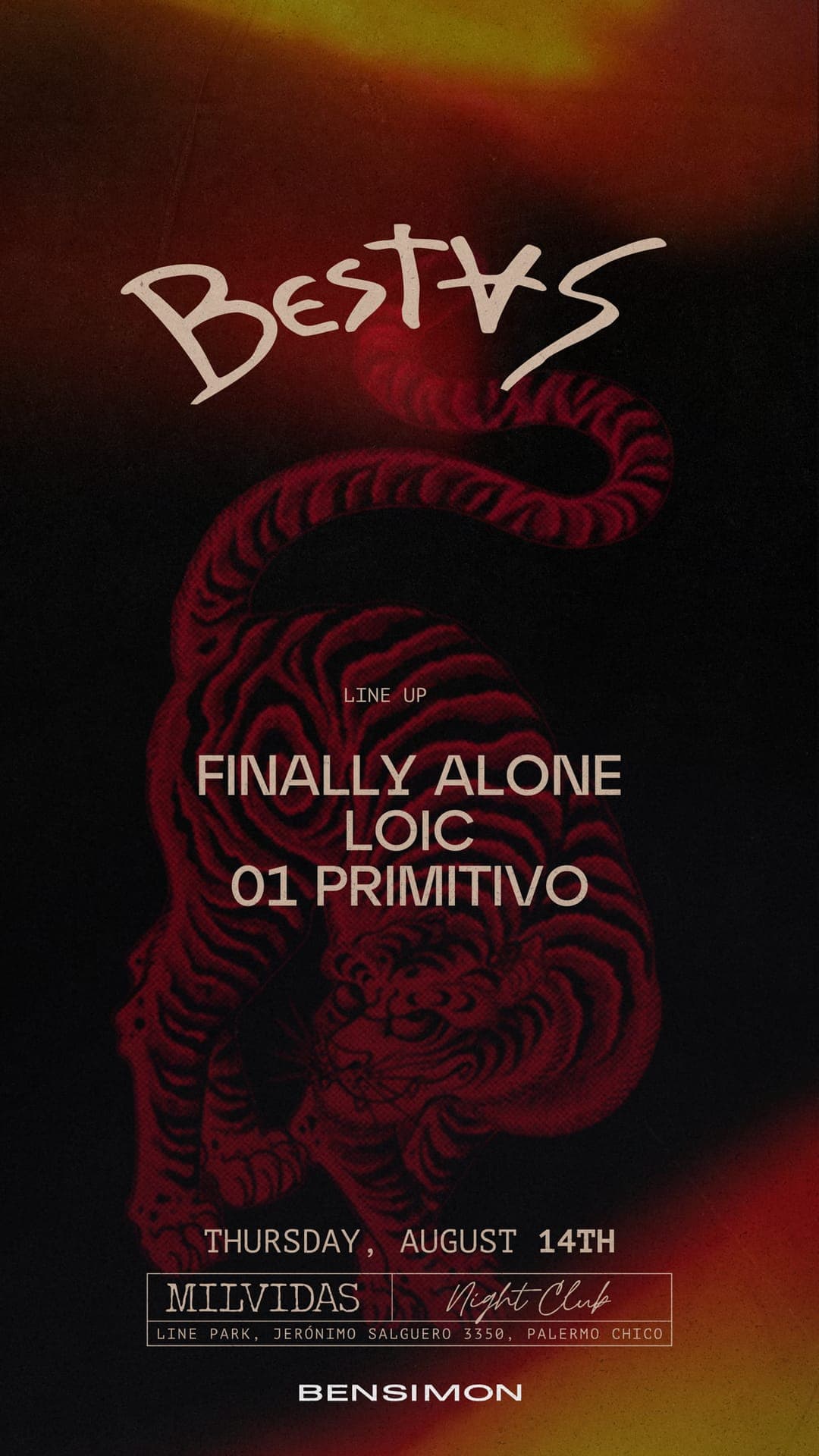 Flyer de BESTAS con un tigre rojo: jueves 14 de agosto en Milvidas Night Club, Line Park, Jerónimo Salguero 3350. Finally Alone, Loic y 01 Primitivo.